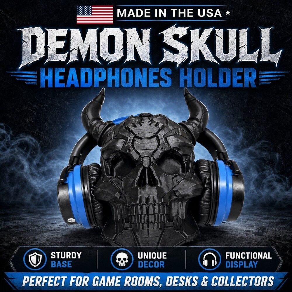 Demon Skull Headphones Stand & Full Size Display Piece Dark Fantasy Art USA Made